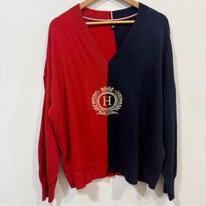 Tommy Hilfiger Red Navy Embroidered Color block V-neck Knitwear Sweater Size XL
